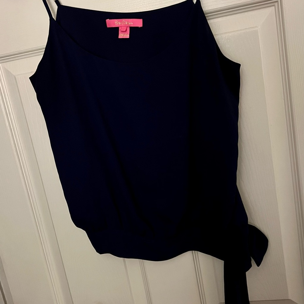 Lilly Pulitzer Elegant Navy Blue Woman’s Spaghetti Strap Side Tie Tank Top-SZ L.